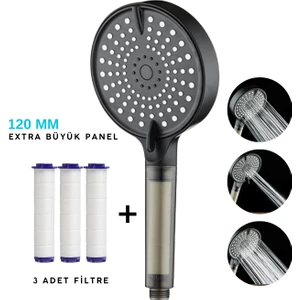 120 mm Filtreli Duş Başlığı + 3 Adet Yedek Filtre | Extra Büyük Panel, Basınç Artırıcı Su Jeti, Saç ve Cilt Dostu