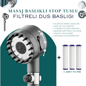 Masaj Başlıklı Stop Tuşlu Filtreli Duş Başlığı + 3 Adet Yedek Filtre | Basınç Artırıcı, Klor ve Kireç Önleyici, Saç ve Cilt Dostu