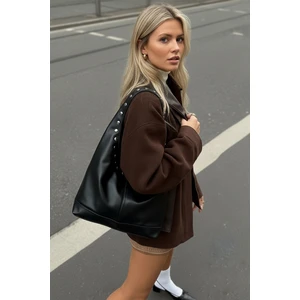 Kadın Siyah Rabel Zımba El ve Omuz Çantası