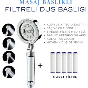 Masaj Başlıklı Filtreli Duş Başlığı + 5 Yedek Filtre | Basınç Artırıcı, Klor ve Kireç Önleyici, Saç ve Cilt Dostu