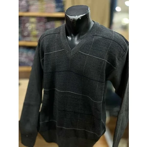 Erkek Triko V Yaka Desenli Kazak