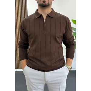 Erkek Yarım Fermuarlı Polo Yaka Mevsimlik Kazak Kahverengi EDW195