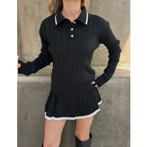 Gömlek Yaka Triko Kumaş Hırka Pileli Etek Takım