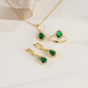 925  Ayar  Sarı  Altın  Kaplama  Damla  Zümrüt  Taşlı Gümüş Set