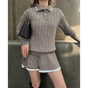 Gömlek Yaka Triko Kumaş Hırka Pileli Etek Takım