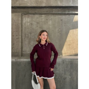 Gömlek Yaka Triko Kumaş Hırka Pileli Etek Takım