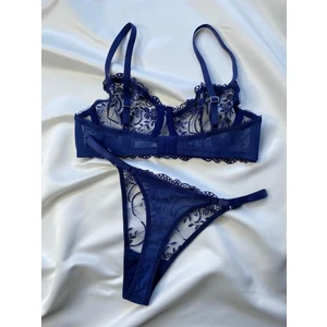 Merlif Lingerie Lacivert Koyu Mavi Büyük Beden Dantelli Brode Iç Çamaşır Takımı Bralette (Balenli Sütyen &tanga)