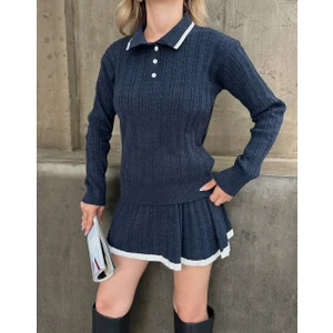 Gömlek Yaka Triko Kumaş Hırka Pileli Etek Takım