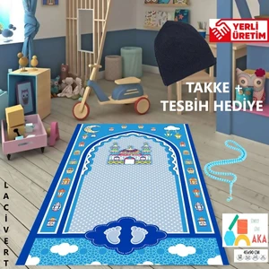 Çocuk Seccade Takke Tesbih Set Büyük Boy Erkek Çocuk Namaza Ilk Adım Eğlenceli Dekoratif Namazlık