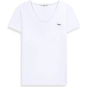 Kısa Kollu V Yaka Sıgnlı Basıc Krem T-Shırt