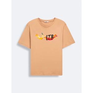 Kısa Kollu Sıfır Yaka Sıgn Baskılı Bej T-Shırt