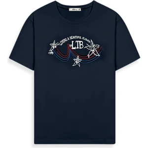 Kısa Kollu Sıfır Yaka Sıgn Baskılı Lacivert T-Shırt