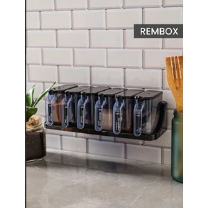 Yapışkanlı Standlı Baharatlık 6'lı Kaşıklı Kapaklı Baharatlık Takımı - Etiketli Baharatlık Set Siyah