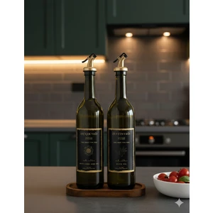 Büyülü Home Ahşap Stantlı Amber Siyah Gold 2'li 750 ml Zeytinyağı Sıvıyağ Şişesi