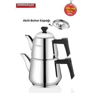 Milano Orta Boy Çaydanlık Takımı Paslanmaz Çelik Buhar Kapaklı Platin