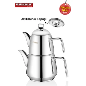 Milano Orta Boy Çaydanlık Takımı Paslanmaz Çelik Buhar Kapaklı Platin