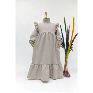 Kız Çocuk Keten Elbise Asude Model Uzun Tam Boy Tesettür Elbise Bej