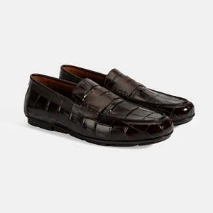 Erkek Kahve Kroko Baskılı Deri Loafer