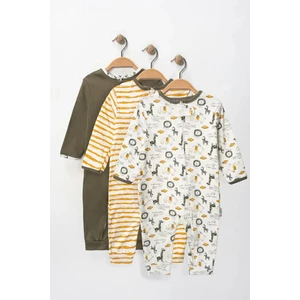 %100 Pamuk 9-12-18 Ay Afrika Safari 3'lü Patiksiz Manşetli Tulum (Kız Erkek Bebek Çocuk)