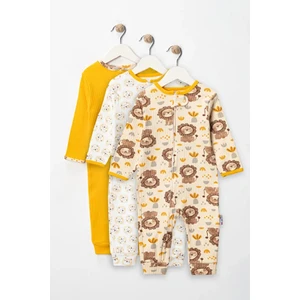 %100 Pamuk 9-12-18 Ay Organik Aslan 3'lü Patiksiz Manşetli Tulum (Kız Erkek Bebek Çocuk)