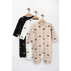 %100 Pamuk 9-12-18 Ay Renkli Ayı Baskı 3'lü Patiksiz Manşetli Tulum (Kız Erkek Bebek Çocuk)