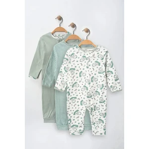 %100 Pamuk 9-12-18 Ay Yeşil Organik Ayı 3'lü Patiksiz Manşetli Tulum (Kız Erkek Bebek Çocuk)