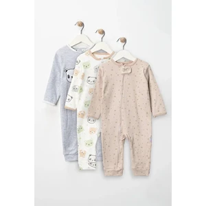 %100 Pamuk 9-12-18 Panda Organik 3'lü Patiksiz Manşetli Tulum (Kız Erkek Bebek Çocuk)