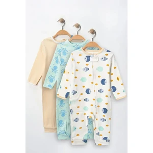 %100 Pamuk 9-12-18 Balık Deniz  3'lü Patiksiz Manşetli Tulum (Kız Erkek Bebek Çocuk)