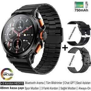 Kalobee SK43 Akıllı Saat Ultra Kaliteli 3 Kordonlu Amoled Ekran/sesli GÖRÜŞME/48MM KASA/750MAH Pil
