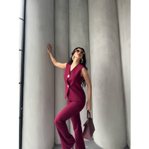 Kadın Gold Kurabiye Düğmeli Yelek Pantolon Takım Elbise