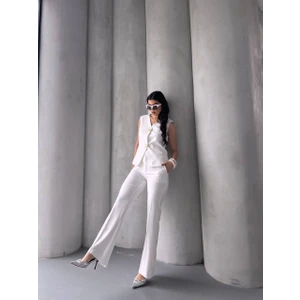 Kadın Gold Kurabiye Düğmeli Yelek Pantolon Takım Elbise