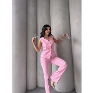 Kadın Gold Kurabiye Düğmeli Yelek Pantolon Takım Elbise