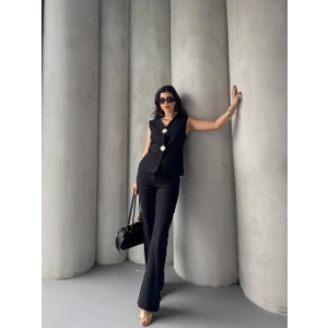 Kadın Gold Kurabiye Düğmeli Yelek Pantolon Takım Elbise