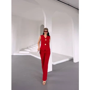 Kadın Gold Kurabiye Düğmeli Yelek Pantolon Takım Elbise