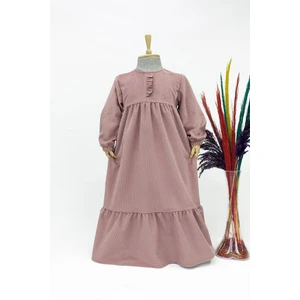 Kız Çocuk Kadife Elbise - Mihri Model Uzun Tesettür Elbise Pudra Pembe