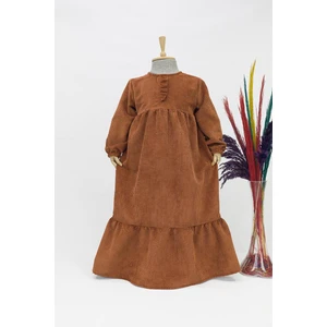 Kız Çocuk Kadife Elbise - Mihri Model Uzun Tesettür Elbise Kiremit