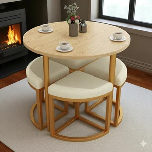 Alara Gold Metal Yuvarlak Yemek Masası Takımı 4 Kişilik Açık Ceviz Panel Balkon Masası Takımı Mutfak Masası