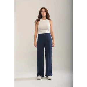 Kadın Lacivert Modal Bol Paça Çımalı Yüksek Bel Yumuşak Dokulu Beli Lastikli Likralı Pantolon