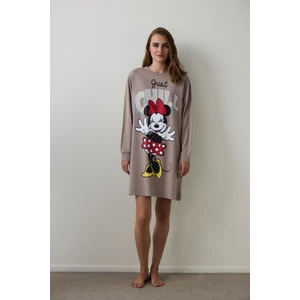 Koyu Bej Just Chill Mickey Mouse Baskılı Pamuklu Uzun Kollu Gecelik