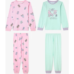 Kız Çocuk Retro Oyuncak Desenli Pamuklu Uzun Kollu 2'li Pijama Takımı