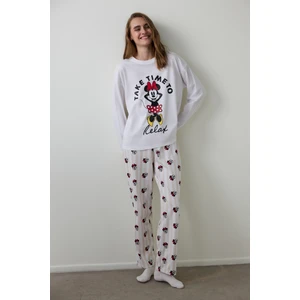 Optik Beyaz Mickey Mouse Baskılı Pamuklu Uzun Kollu Pijama Takımı