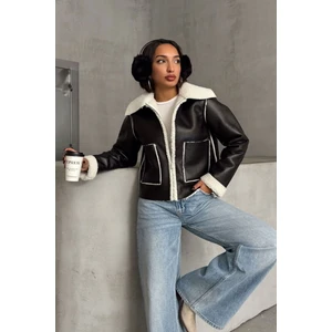 Siyah-Krem Taş Kadın Lamine Deri Ceket Modern Premium Luxury Trend Tasarım Mont