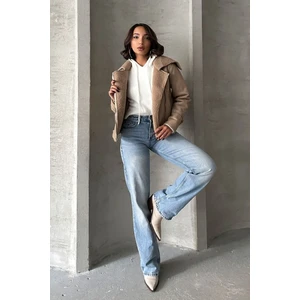 Fermuarlı Deri Kürklü Koyu Taş Kadın Premium Luxury Trend Tasarım Mont