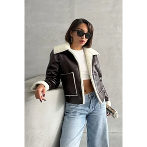 Kahve-Krem Kadın Lamine Deri Ceket Modern Premium Luxury Trend Tasarım Mont