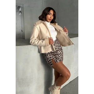 Açık Taş Kadın Lamine Deri Ceket Modern Premium Luxury Trend Tasarım Mont