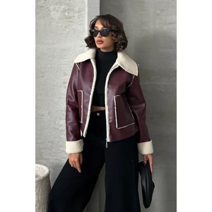 Bordo-Krem Taş Kadın Lamine Deri Ceket Modern Premium Luxury Trend Tasarım Mont