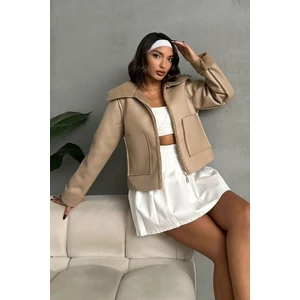 Koyu Taş Kadın Lamine Deri Ceket Modern Premium Luxury Trend Tasarım Mont