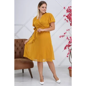 Kadın Kruvaze Yaka Kuşaklı Büyük Beden Midi Boy Şifon Elbise  4255-110
