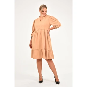 Kadın Büzgü Detaylı  Düğmeli Midi Boy Büyük Beden Elbise 4415/105