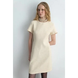 Kısa Kollu Tuvit Elbise - Ekru